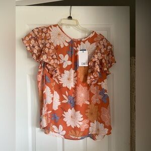 DR2 sheer top with ruffled sleeves. NWT beautiful and unusual colors.  XL.